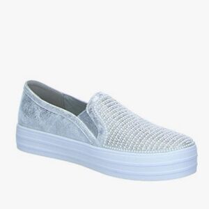 Skechers Street Double Up Metallic Silver Pearl Slip On Loafers Sneakers, 10